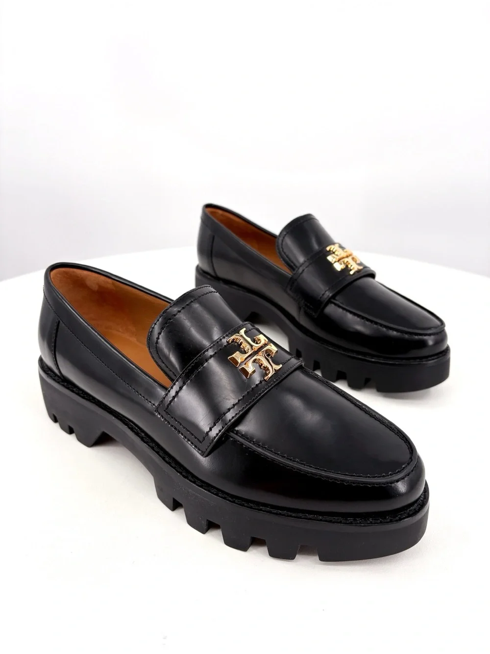 TORY BURCH Mini Everly Chunky Loafer Black Patent Leather Lug Sole 8.5